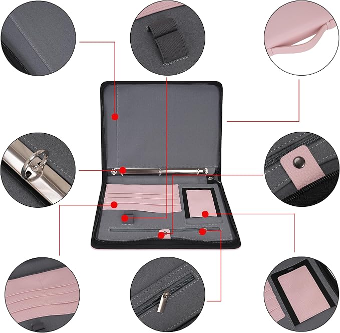 Wonderpool Travel Zippered Portfolio 3 Ring Binder A4 Padfolio Document Case with Removable Clipboard Legal Pad Holder, Business Office School Organizer for Men and Women (Pink)