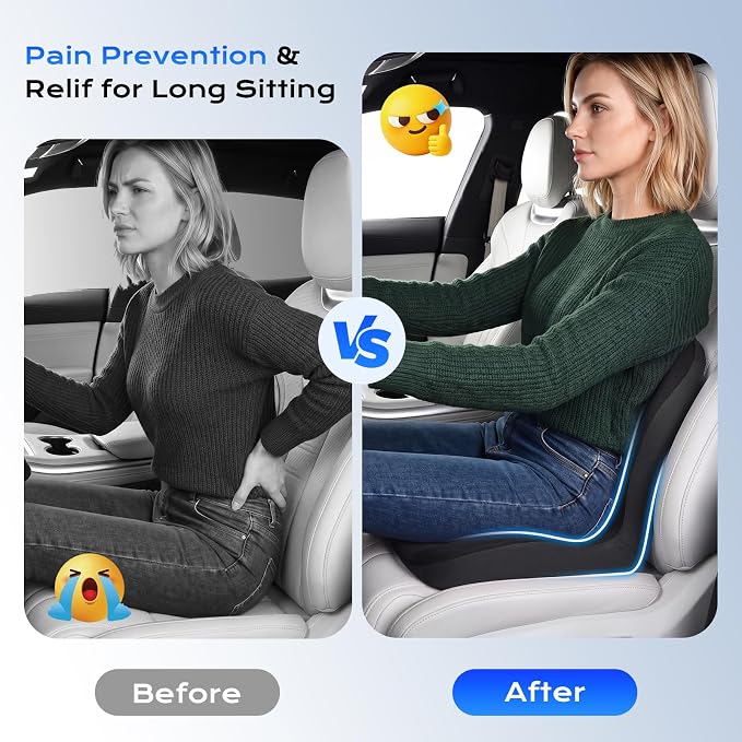 Coverado Car Seat Cushion and Lumbar Support Pillow One Piece, Memory Foam Ergonomic Back Support Driving Seat Cushion for Back Pain, Non-Slip Washable Cushion for Car, Driver, Office