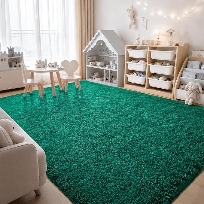 Zentavio Dark Green Area Rugs for Living Room Emerald Green Rugs for Bedroom 9x12 Fluffy Fake Grass Large Carpet for Kids Room Playroom Furry Shag Aesthetic Soft High Pile Washable Home Decor