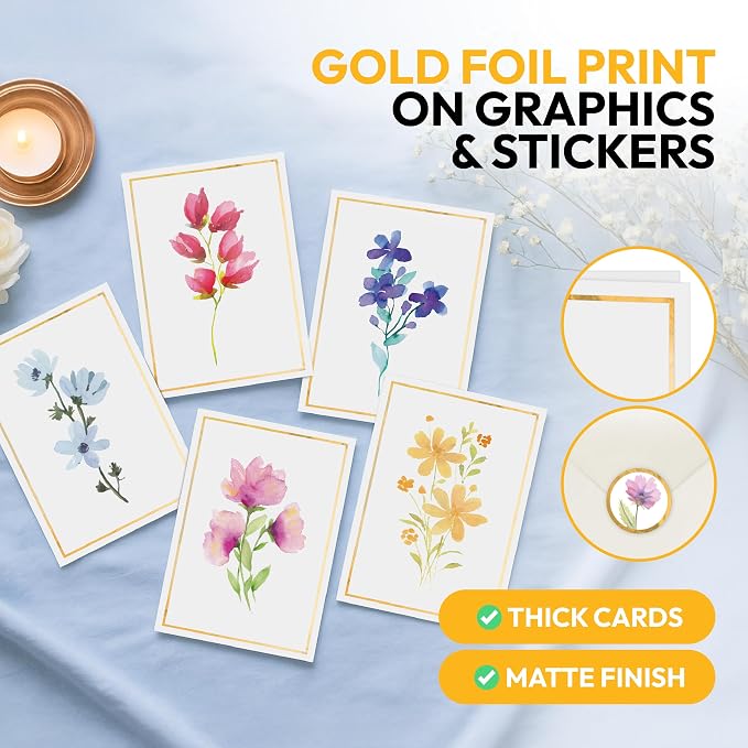 30 Blank Cards and Envelopes Set with Stickers – 4x6 Inches – Thick and Premium Designs