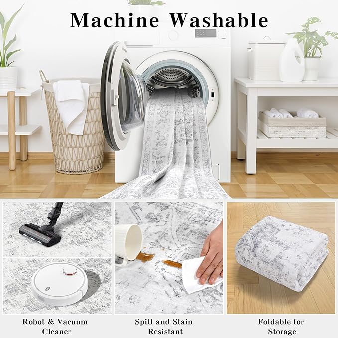 2.6x8 Gray Vintage Runner Rug Hallway Washable Area Rugs Non Slip Boho Medallion Long Rug Distressed Retro Carpet Floral Soft Low Pile Indoor Throw Rug for Kitchen Bedroom Bathroom Dining Room Office
