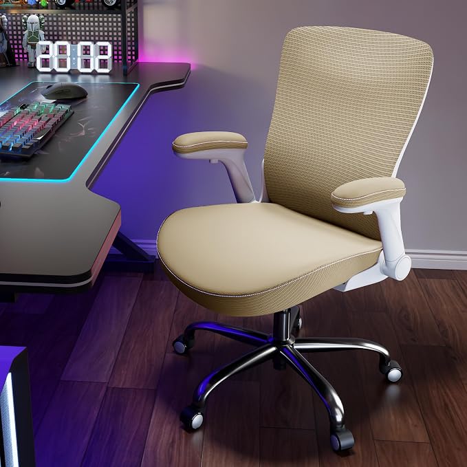 Ergalithic Office Home Ergonomic Desk Chair-Computer X-Shaped Chair Mesh PU Leather with Adjustable Lumbar Support-Executive Chair High Back Flip-Up Arms for Long Hours (Khaki-No Headrest)