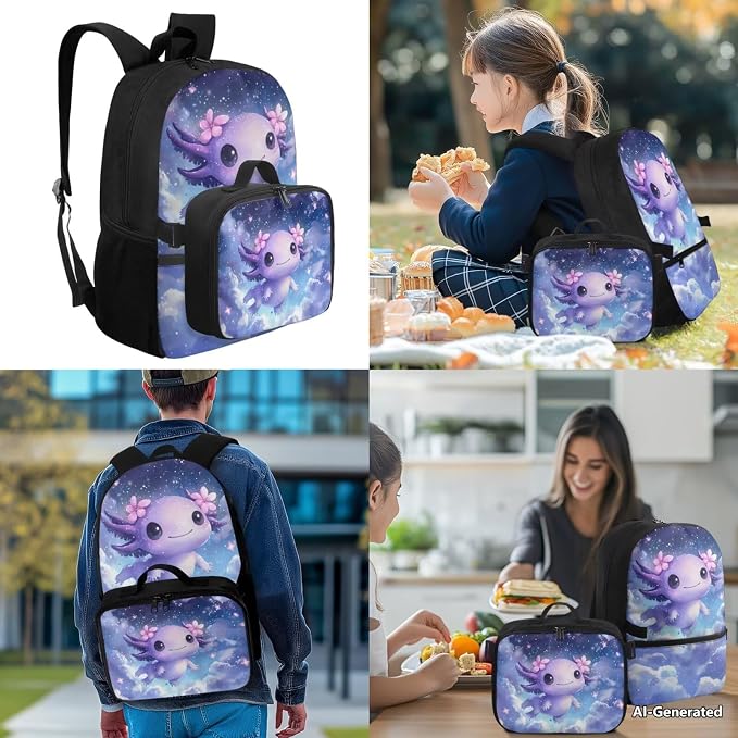 Doojoayie Axolotl Backpack Lunchbox Set for Girls 2025 Trendy Kids Bookbag School Backpack for Girls 8-10 10-12 Lightweight Back Pack for Kids 2nd Grade School Bag