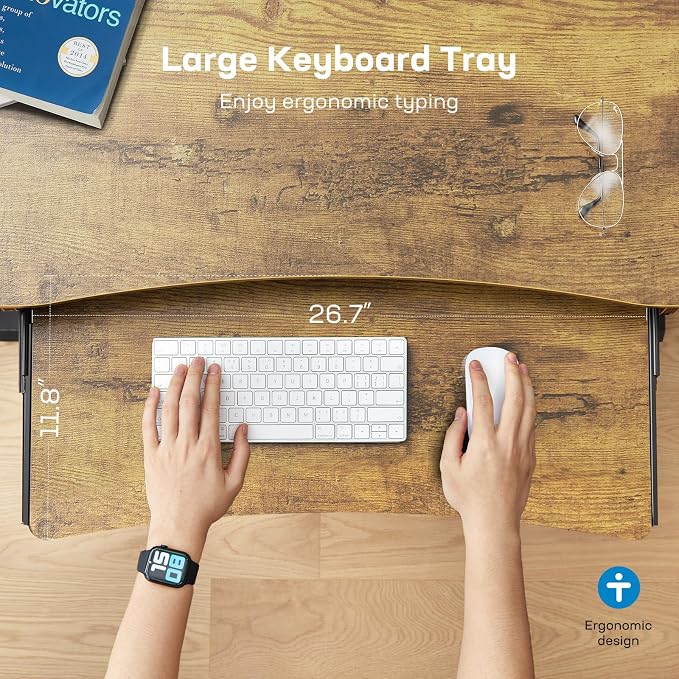 HUANUO 55" x 26" Electric Standing Desk, 2 Drawers & Keyboard Tray, Vintage | Ergonomic Desk with 2 Drawers: 27.9"-46.8" electric lifting. 26.7" keyboard tray & C-clamp mount top maximize workspace