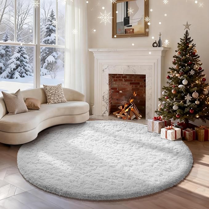 Ophanie Round Rug 5Ft White Circle Area Rug, Aesthetic Room Decor, Fluffy Fuzzy Bedroom Carpet, Plush Soft Shaggy Living Room Rugs for Kids Home Decor, Nursery Over 99 pcs Pile fibers,Pack of 99