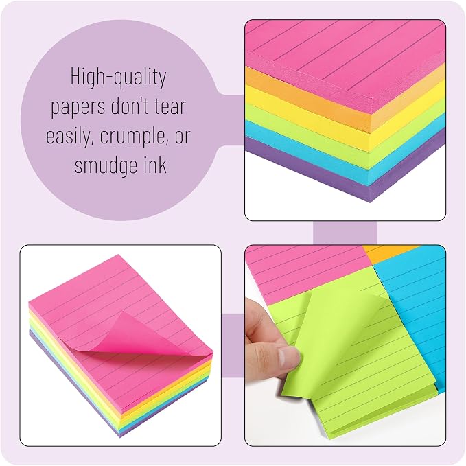 Mr. Pen- Lined Sticky Notes, 3" x 4", 6 Pads, 60 Sheets/Pad, Vibrant Color | Sticky Notes with Lines, Ruled Post Stickies, Memo Pads, Self-Stick Note Pad for Office, School, Home, Study
