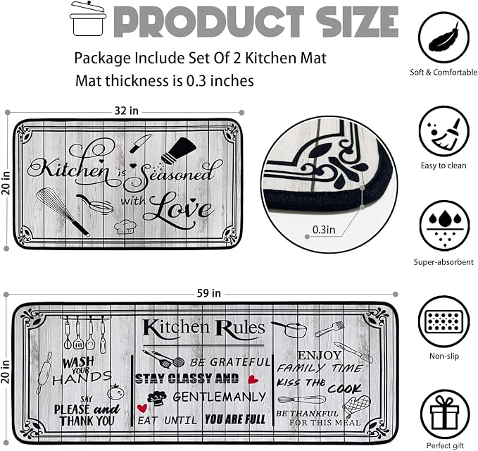 Kitchen Rug Sets of 2 Piece Non Slip Kitchen Rugs and Mats Washable Kitchen Mats for Floor Kitchen Carpet Runner Rugs Decor for Laundry Bathroom Living Room,White Kitchen Rules 20"x 59"+20"x 32"