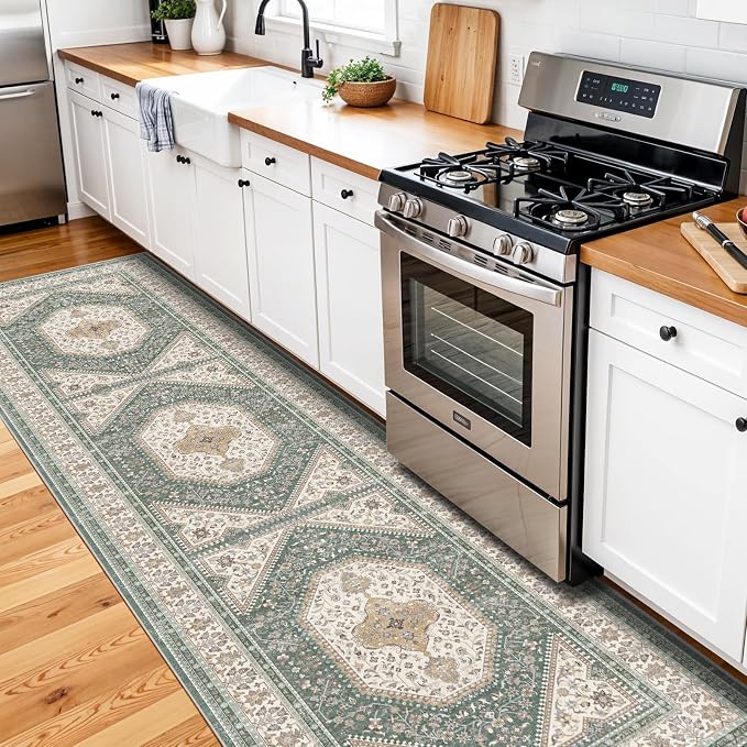 3x10 Runner Rug for Hallway Washable: Non Slip Kitchen Rugs with Rubber Backing Soft Waterproof Mats Stain Resistant Indoor Vintage Carpet Runner for Bedroom Bathroom Laundry Entryway Green/Beige