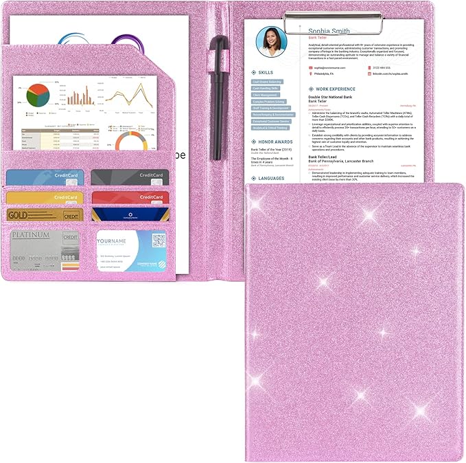 Cacturism Padfolio Portfolio Folder, Foldable Letter Size Clipboard Legal Pad, Bling PU Leather Professional Folio Organizer for Women - Resume Business Document Holder for Job Work Office, Pink