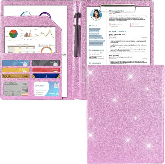 Cacturism Padfolio Portfolio Folder, Foldable Letter Size Clipboard Legal Pad, Bling PU Leather Professional Folio Organizer for Women - Resume Business Document Holder for Job Work Office, Pink