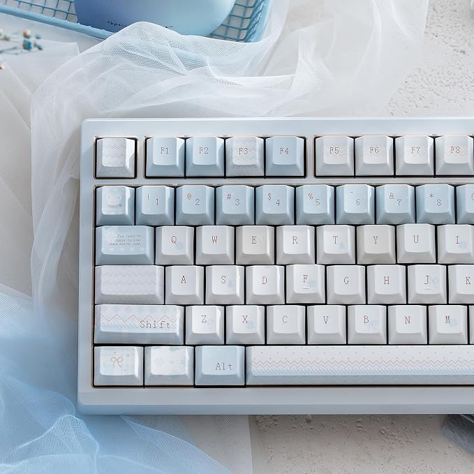 PBT Keycaps, Minimalist Blue Keycaps Set, 136 Keys Cherry Profile Keyboard Caps, Custom Dye-Sublimation Key Cap for 61/64/68/84/87/100/104/108 Cherry MX Mechanical Keyboards (Winter Letter)