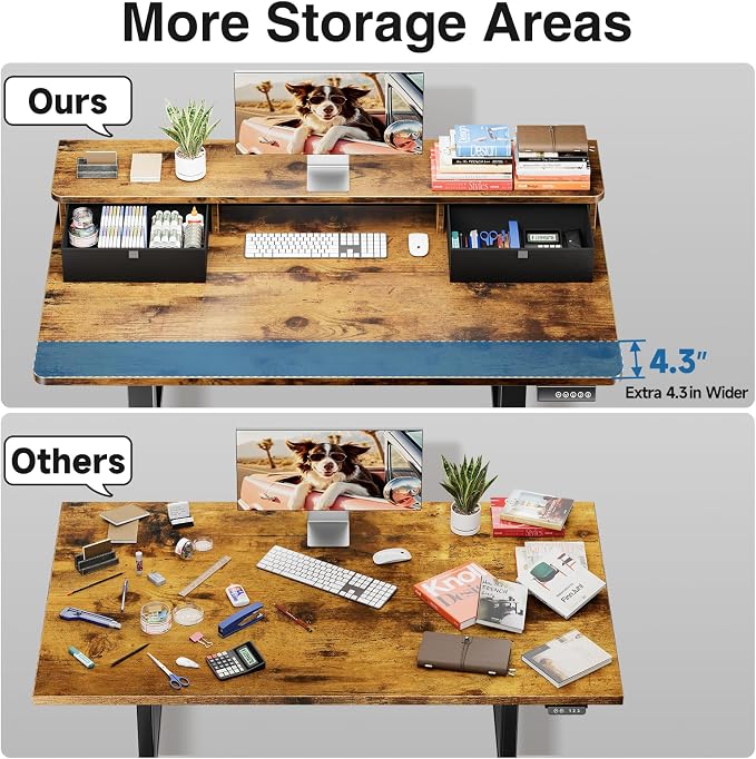 Veken 55x26 in Electric Standing Desk with Drawers, Adjustable Table, Brown | Stand up Computer Desk for Home Office, Work & Study, with Storage, 3 Memory Presets, Cable Organizer, Hook, and Quiet Lift.