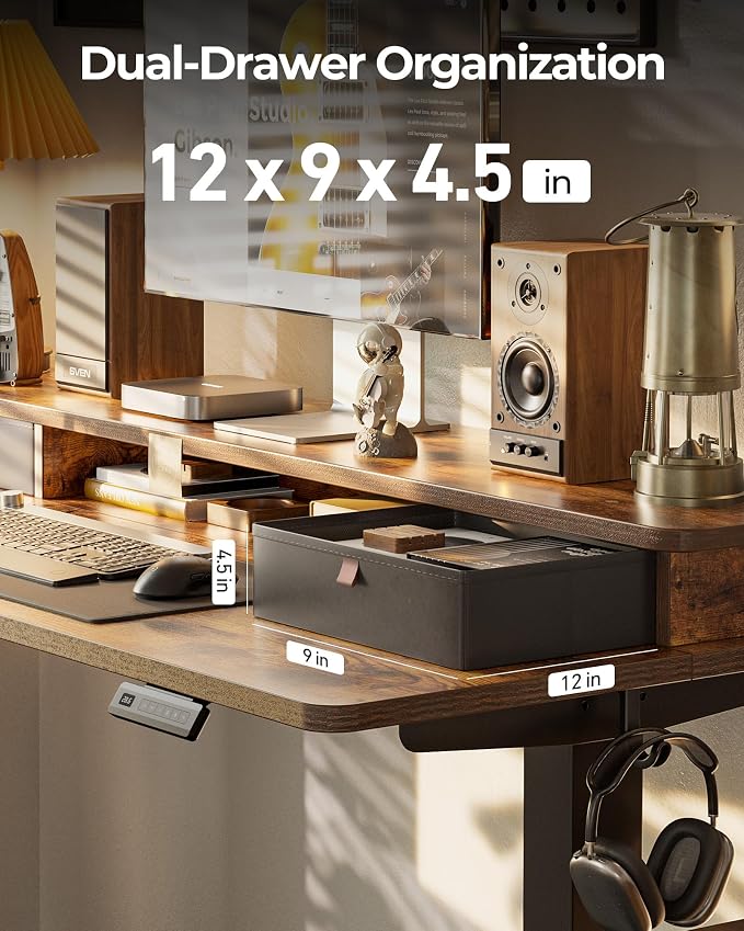 55x24 Inch Electric Standing Desk with Double Drawers, Adjustable Feet & Hooks, Ergonomic Home Office Workstation, Rustic Brown