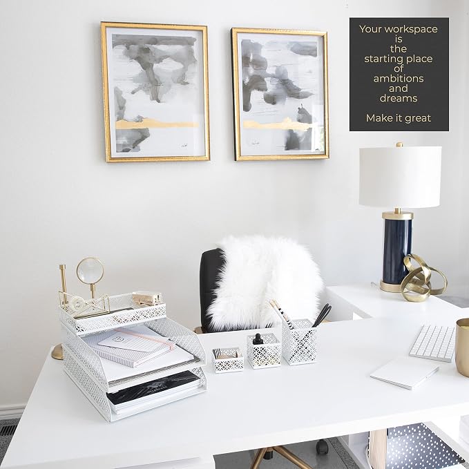 BLU MONACO | White Desk Organizer Set | 6 Piece Metal Desk Organizer with Pen Cup, Accessory Trays, and Letter Trays | Desk Organizers and Accessories for Office