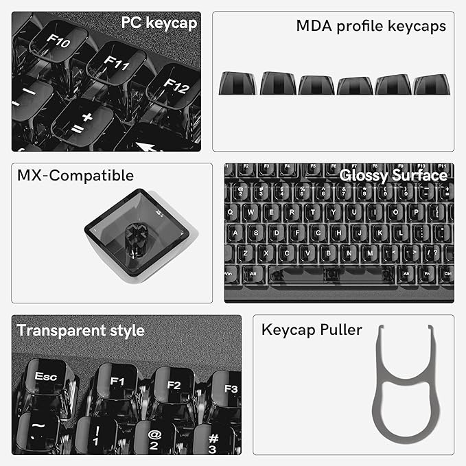 dagaladoo Clear keycaps,Transparent Keyboard keycaps,Jelly Key caps Set,Shine Through keycap,MDA Profile Keyboard caps for Mx Switches Mechanical Keyboard(Black Grey,115-keys)