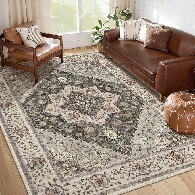 Tangsoo Farmhouse 6x9 Area Rug Washable Rugs for Living Room, Vintage Indoor Non Slip Large Area Rugs, Print Distressed Grey Carpet, Soft Low Pile Foldable Floor Rug for Bedroom Dining Room