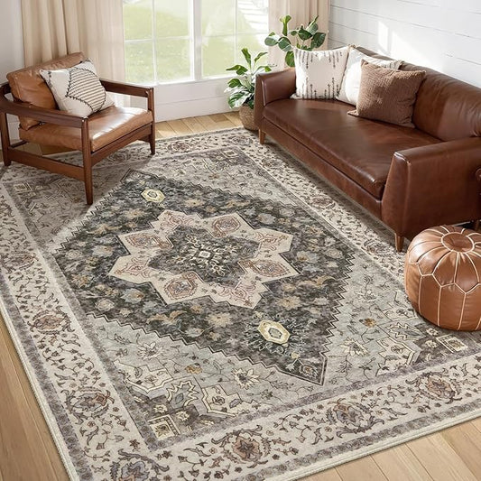 Tangsoo Farmhouse 6x9 Area Rug Washable Rugs for Living Room, Vintage Indoor Non Slip Large Area Rugs, Print Distressed Grey Carpet, Soft Low Pile Foldable Floor Rug for Bedroom Dining Room