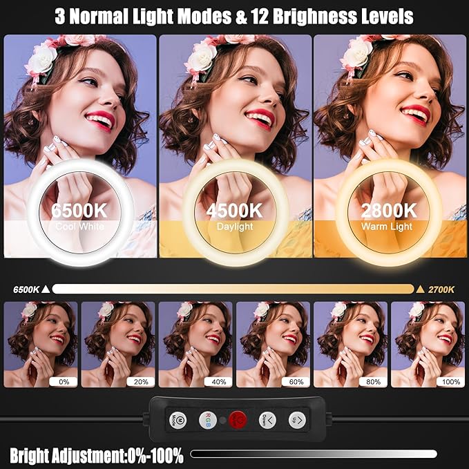 10.3" Ring Light with Tripod and Phone Holder, Selfie Ring Light with 51 Color Modes, Circle Lighting for iPhone, Dimmable LED Phone Ringlight with Stand for Makeup/Video Recording/Photography/TikTok