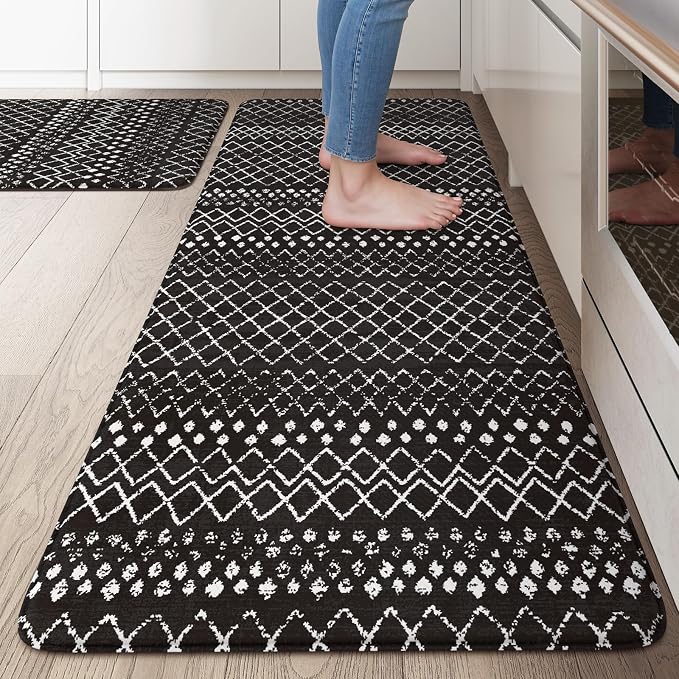 KIMODE Anti Fatigue Kitchen Mats for Floor 2 Piece, Cushioned Farmhouse Kitchen Rugs, Memory Foam Kitchen Floor Mats, Standing Desk Mats for Laundry Office Sink Black 20"x47"+20"x32"