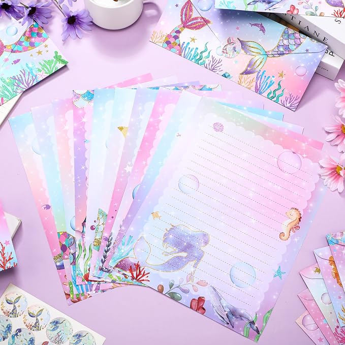 TaoBary 160 Pcs Stationery Paper Set 50 Double Sided Stationery Papers with 50 Matching Envelopes and 60 Round Dot Sticker, 10 Design(Mermaid,8.5 x 11 Inch)