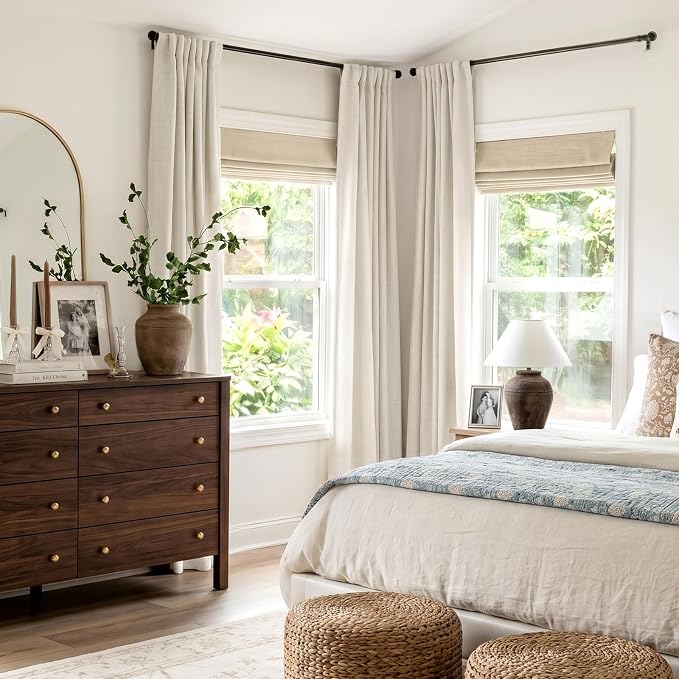 INOVADAY 100% Blackout Curtains for Bedroom, Beige White Black Out Curtains 84 Inch Long, Clip Rings Linen Blackout Drapes, Thermal Insulated Room Darkening for Living Room, 2 Panels - W50xL84