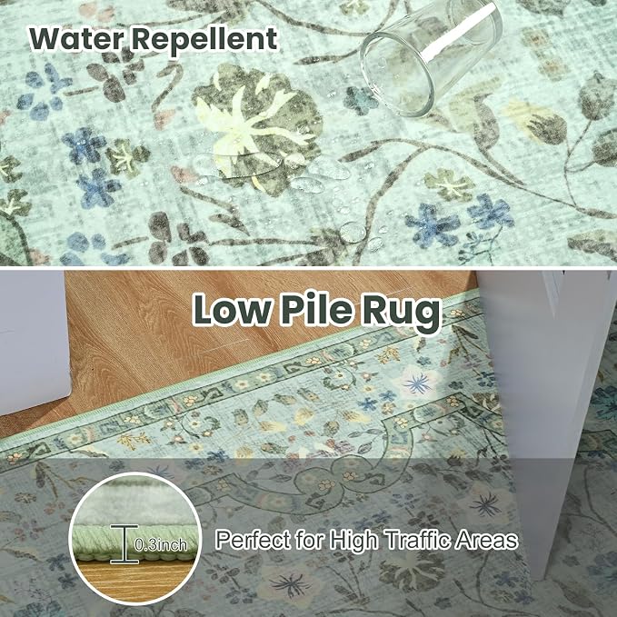 Vasofe 8x10 Area Rug for Living Room, Washable Rugs for Bedroom Room, Dining Room, Vintage Floral Indoor Non Slip Carpet Farmhouse Light Green Throw Carpets Soft Low Pile Mat for Classroom Playroom