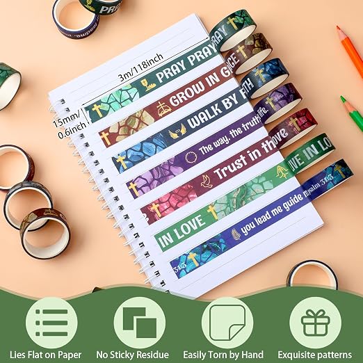 24 Rolls Back to School Christian Washi Tape Gifts Bulk Graduation VBS Religious Scripture Stained Glass Bible Verse Washi Tape for Bible Journaling Crafting Students BibleStudy Stationery