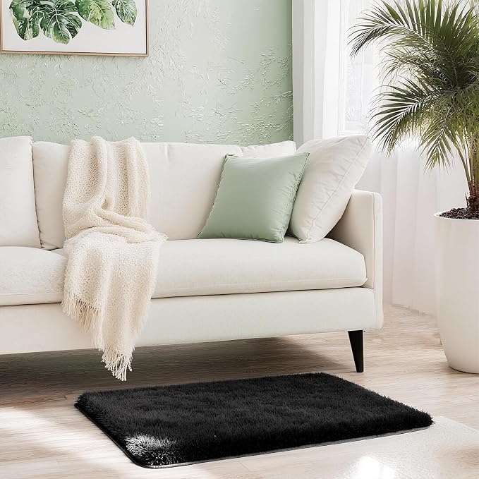 Shag Black Rug, 2x3 Area Rugs for Bedroom Bedside, Ultra-Soft Fluffy Fuzzy Plush Shaggy Furry Rugs for Kids Room, Boys Girls Room, Dorm, Easy Clean Modern Small Carpet