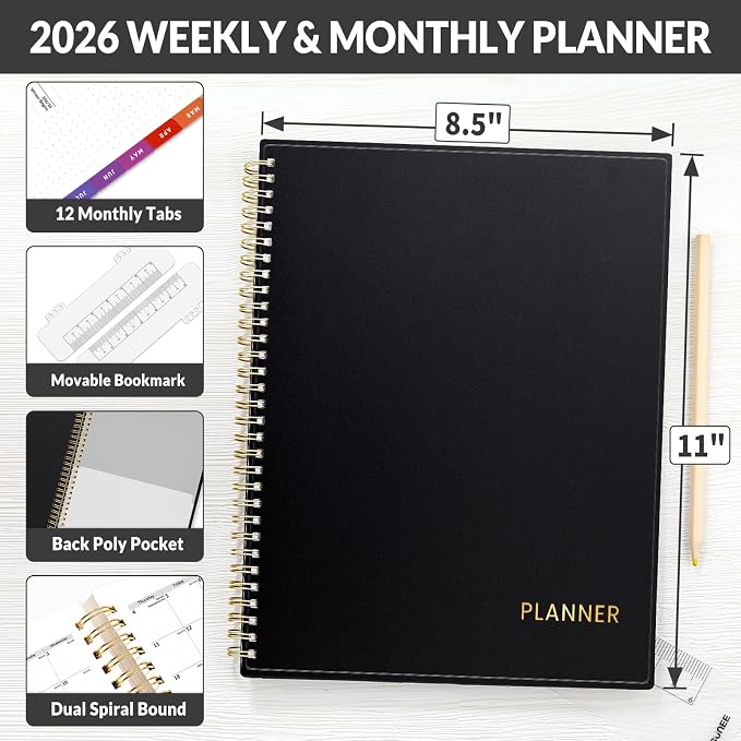 SUNEE 2026 Weekly and Monthly Planner - from January 2026 - December 2026, Daily Agenda Planner with Monthly Tab, Flexible Cover, Note Pages, Pockets, Bookmark, Spiral Binding, Black, 8.5"x11"