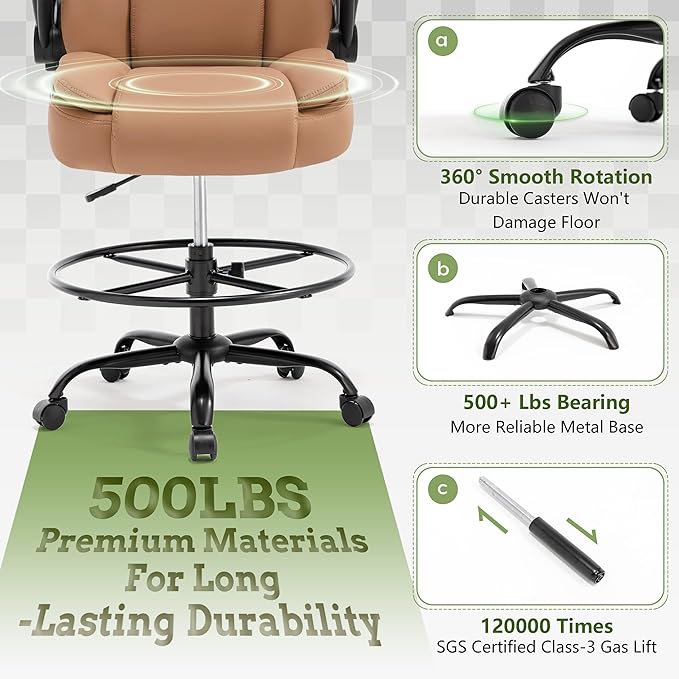 500LBS Drafting Chair, High Back Safer Standing Desk Chair, Executive Tall Office Chair with Flip-up Armrests, Upholstered PU Leather Task Chair, Ergonomic Seat with Adjustable Height&Foot Ring, Brown