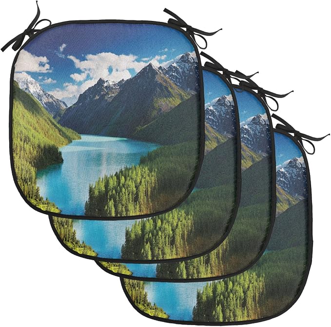 Lunarable Mountain Chair Cushion Pads Set of 4, Lake Kucherlinskoe in Altai Mountains High Peaks and Fresh Jungle in Spring, Anti-Slip Seat Padding for Kitchen & Patio, 16"x16", Green Blue White