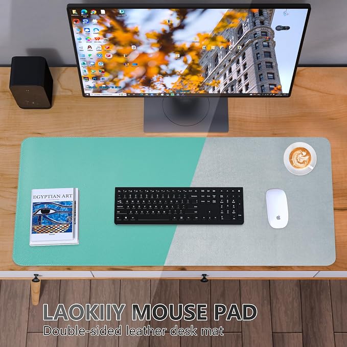Dual-Sided Desk Pad, Large Mouse Pad, Natural Cork & PU Leather Non-Slip Waterproof Desk Mat for Office and Home (Fruit Green, 31.5" x 15.7")