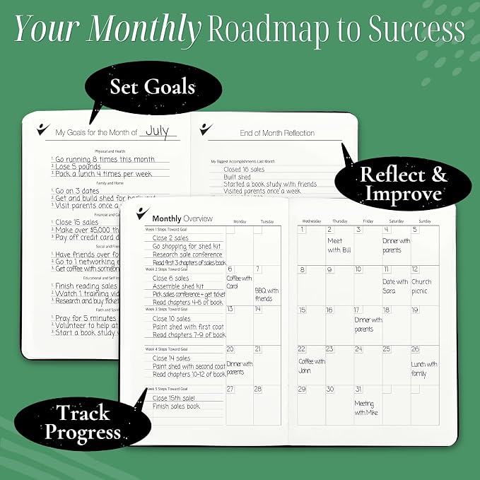 Goal Crazy Undated Daily Planner to Achieve Your Goals - 90 Day Guided Journal & Productivity Organizer with Goal Setting, Habit Tracker, To Do List, Academic & Work Calendar, Leather Hardcover - Forest Green