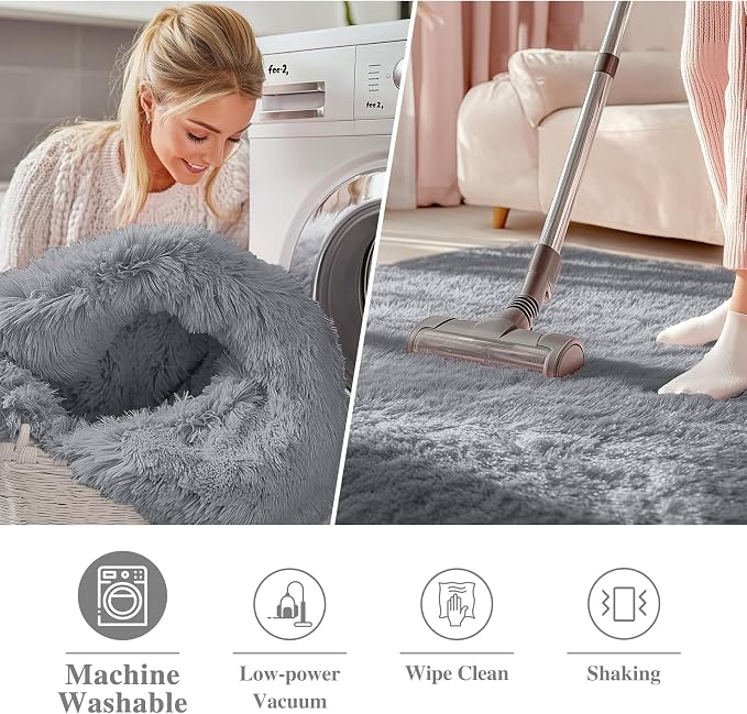 OLANLY Light Grey Round Rugs for Bedroom - Machine Washable, 4 ft Circle Area Rugs for Living Room, Soft and Fluffy Shaggy Carpet for Teen Girls and Boys, Nursery Rooms, Dorms, Home Decor Aesthetic