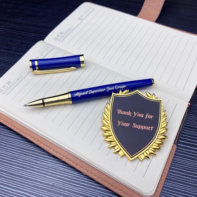 Yastar Personalized Pen with a Custom badge Office Gift Set with Pen Box 2 extra Black Refills Engraved with your Message Names Company Names Phone Number Gift for Colleague Friends Business