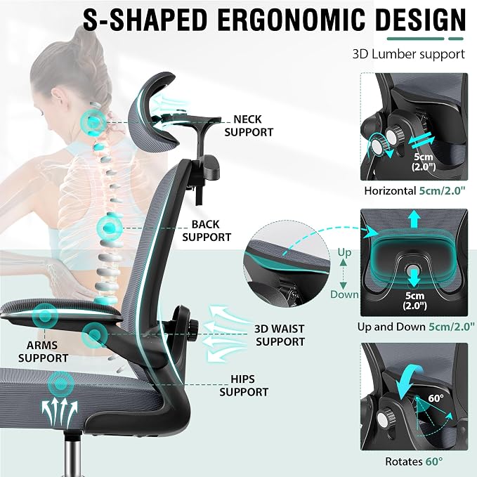 AtHope Drafting Chair, Tall Office Chair with 3D Lumbar & Head Support | Ergonomic Mesh Standing Desk Chair with Footrest Ring, Comfy Extended High Desk Chair with Flip-Up Arms & Hanger, Dark Gray
