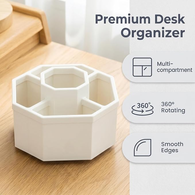 Jekelife 360 Degree Rotating Pen Holder,5-Compartment Desk Organizer,White | Smooth 360 degree rotating organizer with 5 compartments for pens, pencils, scissors, markers and office supplies.