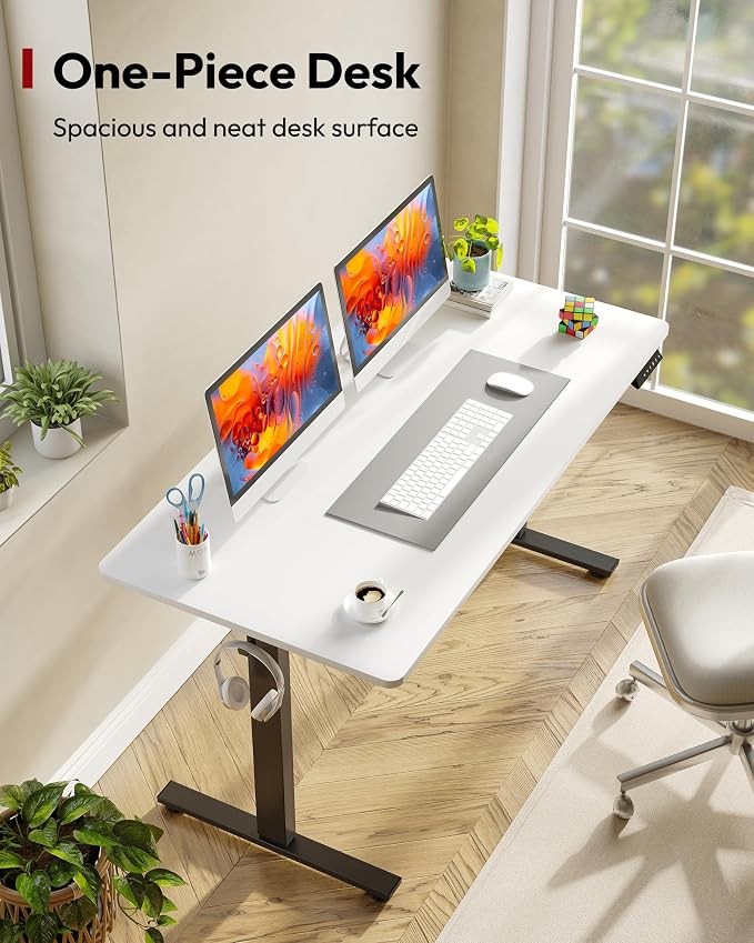 SANODESK One-Piece Electric Standing Desk, Seamless 55 x 28'' Ergonomic Height Adjustable Sit Stand Desk with Memory Presets for Home Office Computer Workstation, Black Frame/White Top