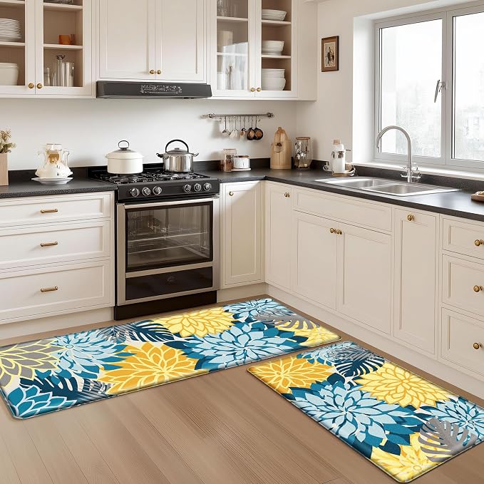 Arenarug Kitchen Mats for Floor 2PCS Cushioned Anti Fatigue Kitchen Mats Waterproof Non Slip Kitchen Rug Set Comfort Foam Standing Mat for Sink, Laundry, Office,17.3" x 28" + 17.3" x 47", Yellow Teal