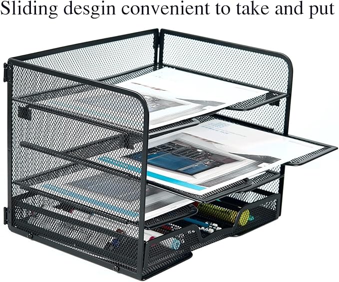 SETTFRFE 4-Tier Metal Desk Organizer-Paper Letter Tray with Drawer,Black | Desktop File Organizer with 2 Sliding Trays & 1 Drawer,Office Supplies Organizer and Storage for Office,Classroom,Home