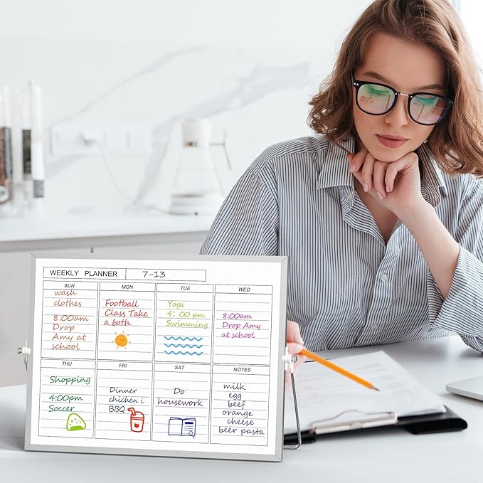Magnetic Dry Erase White Board with Stand, 12'' x 16'' Desktop Weekly Schedule Board, 10 Markers, 4 Magnets, 1 Eraser, Double-Sided White Board Easel for Drawing School to Do List