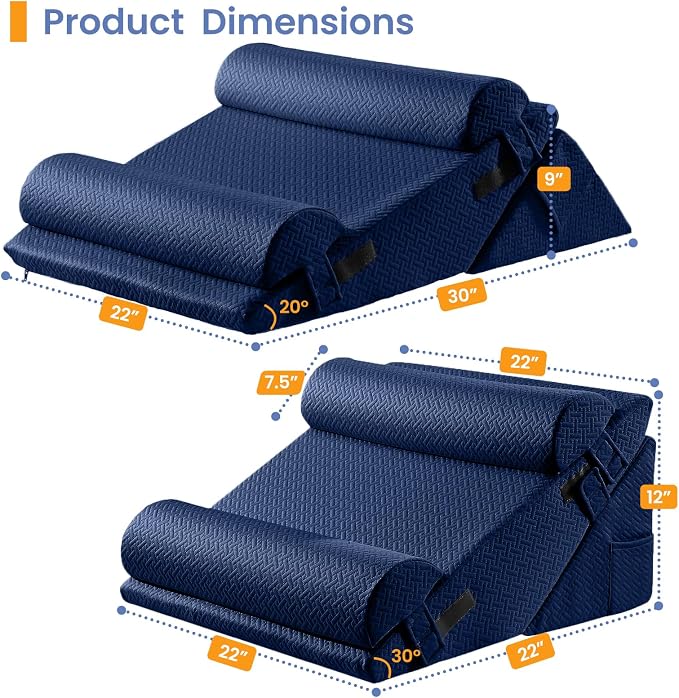 Sasttie Adjustable Wedge Pillow Set for After Surgery, Navy | 2PCS Bed Wedge Pillow Headboard with Memory Foam Neck Cushion, for Acid Reflux, Sleeping, Neck & Back Support