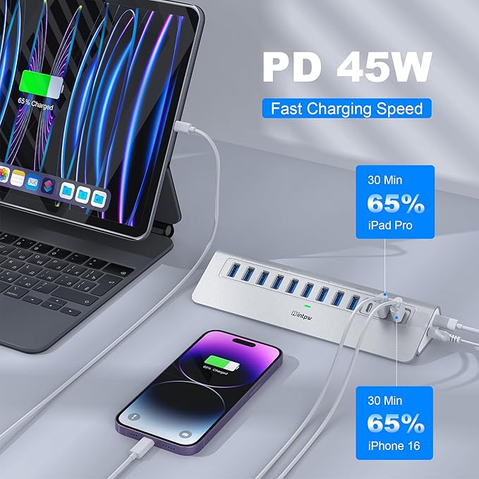 YH9AC Plus Powered USB Hub 10Gbps, 14 Port USB 3.2 Hub(USB A/USB C 3.2+7 USB-A 3.0+2 PD 45W Fast Charging Ports+SD/TF Card Reader), 65W Power Adapter,Aluminum USB HUB for PC,Laptop,iPhone 17/16