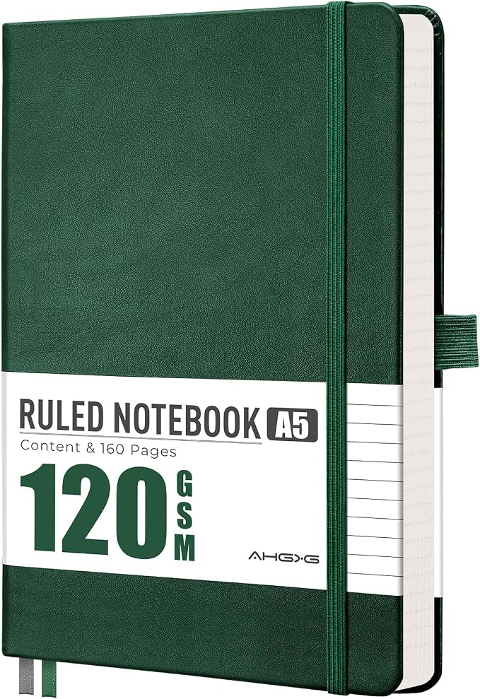 AHGXG Lined Journal Notebook, 160 Numbered Pages, A5 Medium Size (5.7'' x 8.3''), 120 GSM Thick Paper, for Men & Women, Journaling, Writing, Work & Office, Leather Hardcove (Dark Green)
