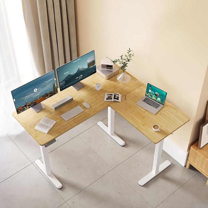Claiks L Shaped Standing Desk Dual Motor 63x55 Inch Bamboo | Height Adjustable 28.5 to 47.2 Inches, 220lbs Capacity, Sturdy Steel Frame, Splice Board Included