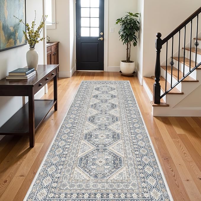 3x10 Runner Rug Kitchen Washable:Oriental Indoor Hallway Runners with Non Slip Backing Floor Mat for Entryway Door Low Pile Thin Carpet for Bedroom Bathroom Living Room Bedside (Blue, 3x10)