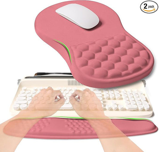 2-in-1 Ergonomic Set, Wave Rise Keyboard Wrist Rest and Massage Bulge Slope Mouse Pad Wrist Support, Cushion Memory Foam Integrated to Relieve Wrist Pain, Muskmelon Pink