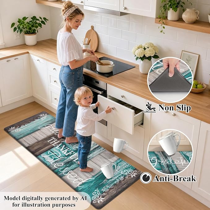 HEBE Anti Fatigue Kitchen Mat Set of 2, Cushioned Kitchen Mats for Floor | Non Slip Waterproof Kitchen Rug and Runner Set, Farmhouse PVC Foam Comfort Mat Floor Carpet for Sink, Standing Desk, Laundry
