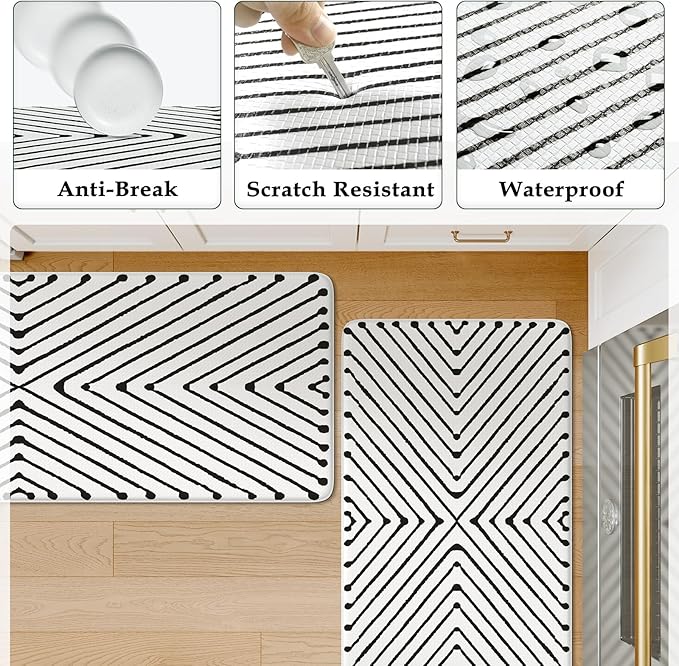 KIMODE Kitchen Mats Cushioned Anti Fatigue, Geometric Kitchen Rugs Sets of 2, Non Slip Waterproof Kitchen Floor Mats, Comfort Standing Mats for Laundry Office Sink Desk 17"x47"+17"x29" Black Diamond