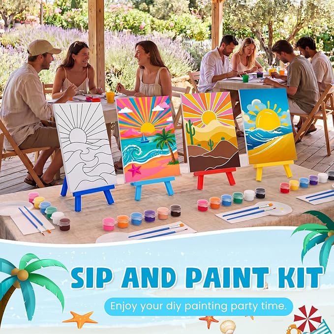 Blosssound 10 Set Pre Printed Sunrise Canvas Pre Drawn Canvas Painting with Easel Kits 5" x 7" Outline Painting Panels for Beginners, DIY Craft Project, Party Favor, Home Decors